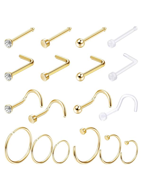 18pcs Stainless Steel Nose Ring, Nose Rings for Women & Men, Nose Cuff Rings, Transparent Nose Rings for Daily Wear, Trendy All-match & Exquisite Jewelry for Birthday Gift