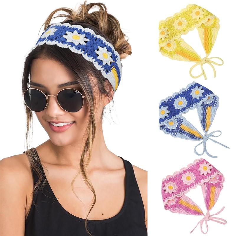 3Pcs Set Crochet Hippie Hair Bandanas Headbands for Women Boho Floral Headband Knit Hair Bands Floral Head Wrap for Girls