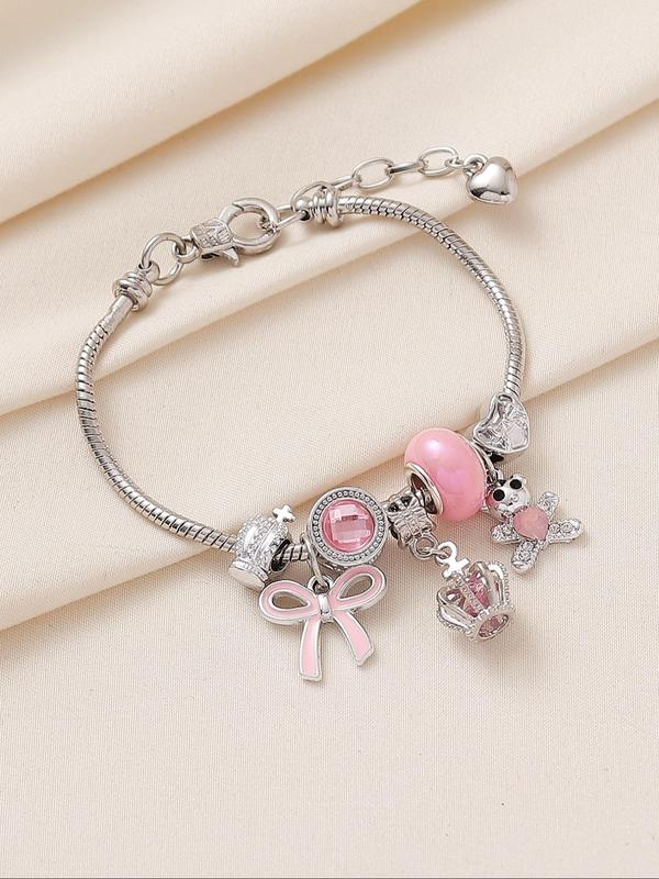 Cute Cartoon Bear & Heart & Crown Design Charm Bracelet, Rhinestone Decor Adjustable Link Bracelet, Fashion Accessories for Women & Girls