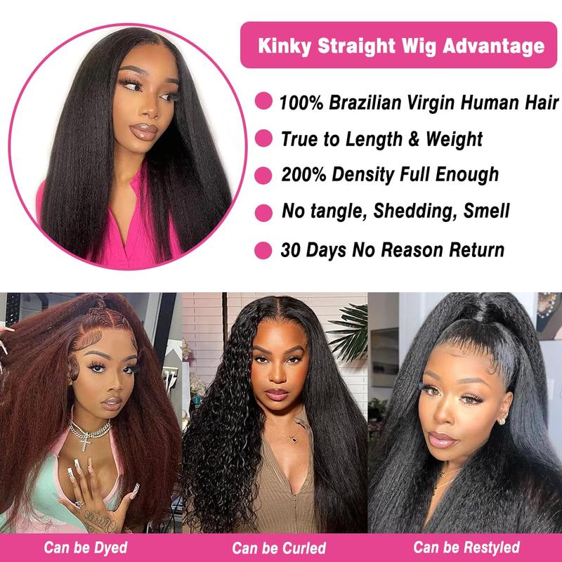 13x6 Lace Kinky Straight Human Hair Wig 200% HD lace front Yiki Straight wigs human hair Glueless Wig HD Transparent Yaki Straight Lace Frontal Wigs Human Hair Wigs for Women