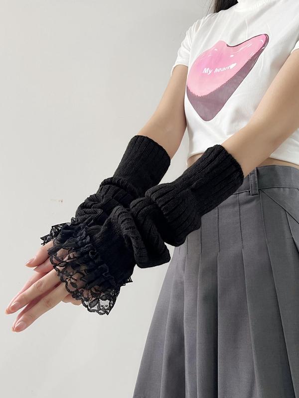 Women's Cute Lace Arm Sleeves, 1 Pair Y2k Style Simple Plain Knitting Gloves, Casual Trendy Gloves for Daily Use