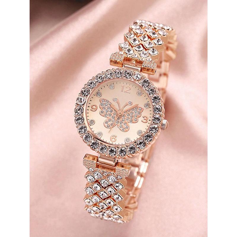 2pcs Set Women's Rose Gold Stainless Steel Rhinestone Decorated Butterfly & Round Shaped Dial Quartz Watch And Alloy Bracelet, Suitable For Daily Wear Holiday