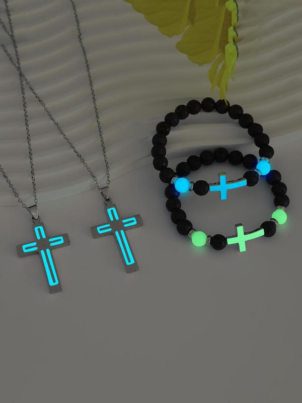 Luminous Cross Necklace & Beaded Bracelet, Fashion Jewelry Set for Party, Daily Clothing Decor, Trendy All-match & Exquisite Jewelry for Birthday Gift