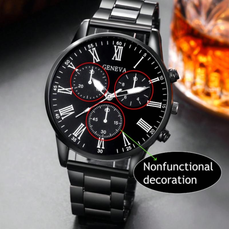 Men Watch 2pcs Set Men's Black Stainless Steel Band Roman Dial Quartz Watch And Dumbbell Beaded Bracelet Jewelry Set Watch For Men Father's Day Gifts