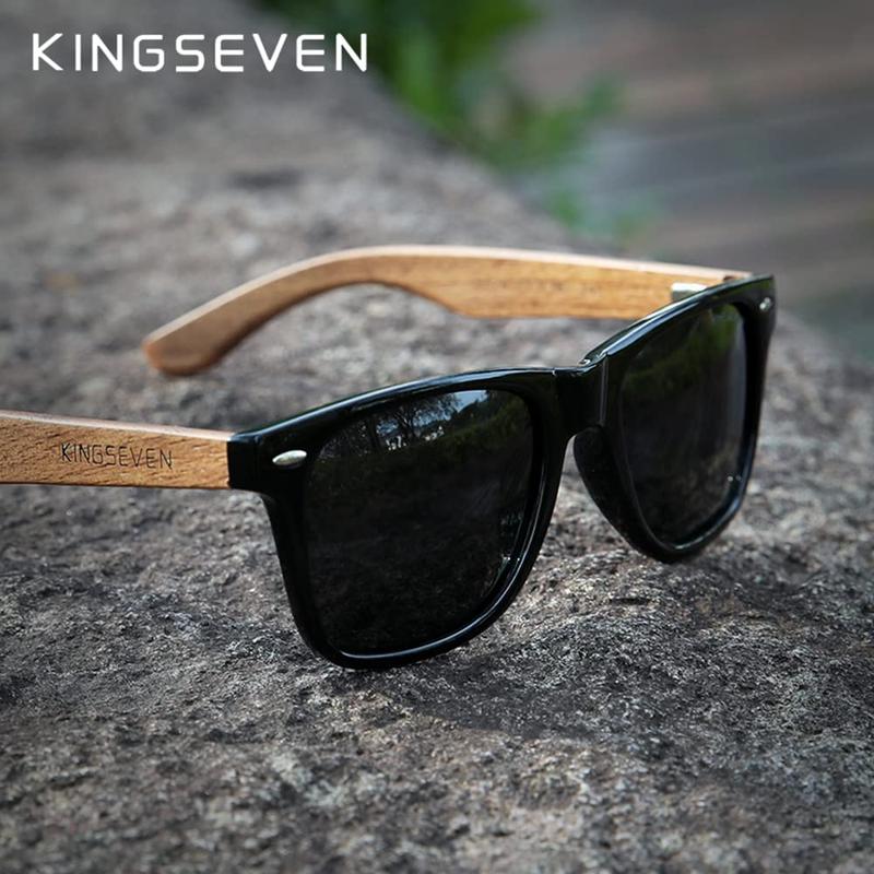 KINGSEVEN Wooden Sunglasses Polarized for Men Women Retro Vintage Mirrored Lenses Walnut Wood Frame W5777 red square