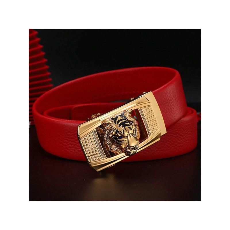 3.5cm Red Unisex Leather Belt With Tiger Head Shaped Buckle, Suitable For Daily Use Street Halloween