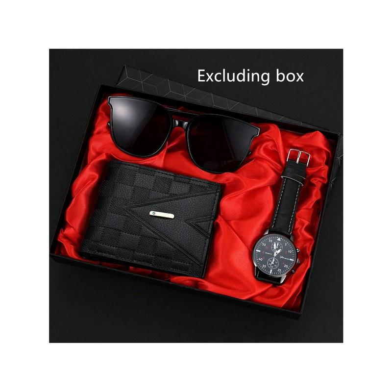 3pcs Set Fashionable Men's PU Leather Quartz Watch With Wallet And Sunglasses, Ideal Gift Set