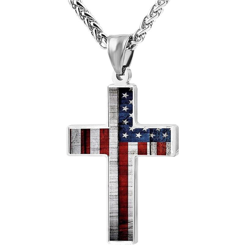 American Flag Patriotic Cross Pendant Necklace Religious Jewelry for Men