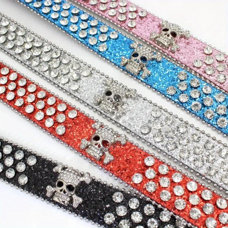 Y2K Gothic Subculture Punk Skeleton Diamond Belt Leather Rhinestone Skull Belts Decorative Waistband Personalized Dressing punk belt pink bb belt