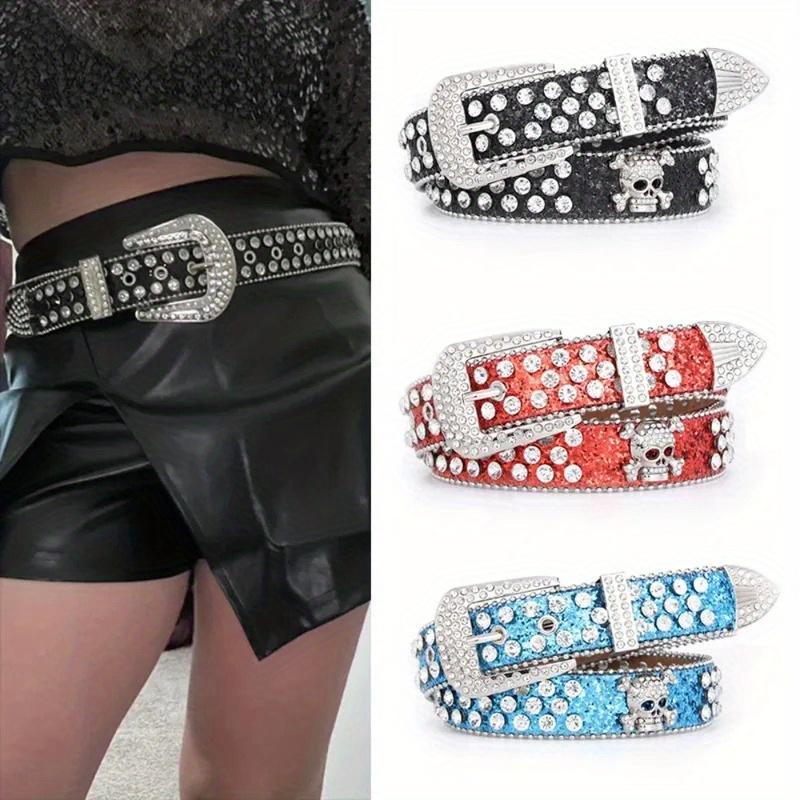 Y2K Gothic Subculture Punk Skeleton Diamond Belt Leather Rhinestone Skull Belts Decorative Waistband Personalized Dressing punk belt pink bb belt