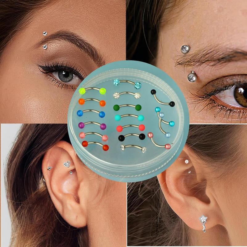 47pcs 16G Stainless Steel Eyebrow Piercing Rings Clear CZ Curved Earrings Piercing Body for Women Men