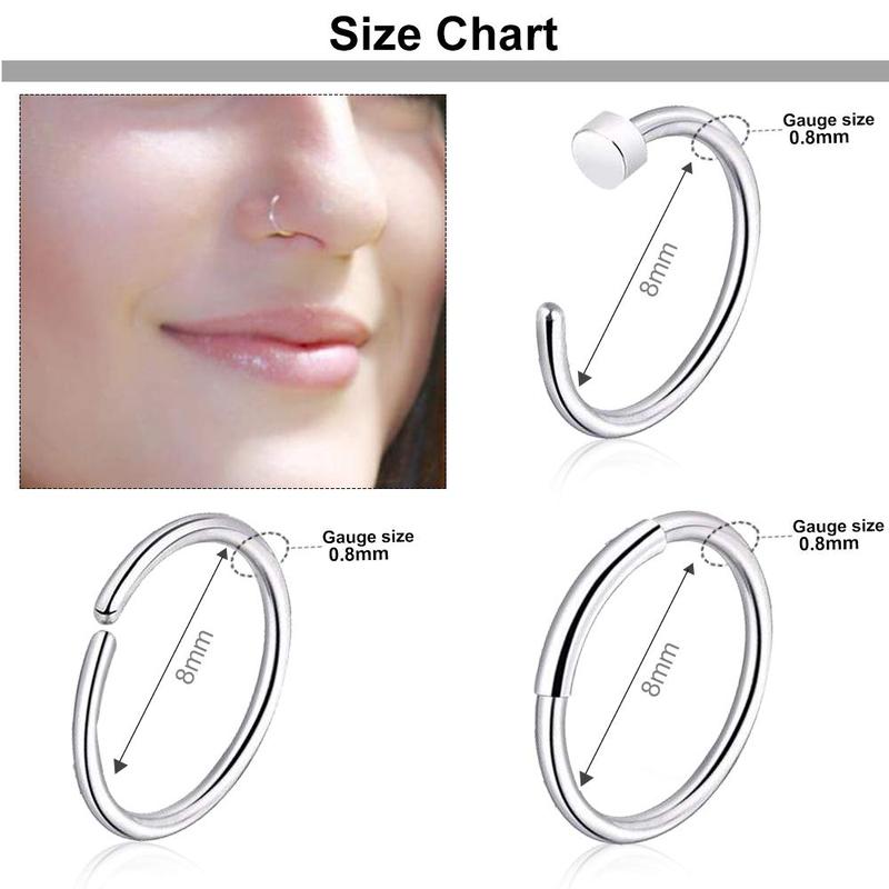 9 - 40 pieces of 20G nose rings for women and men. Hoops, L - shape studs with screw, hypoallergenic, surgical stainless steel, for nose piercings.