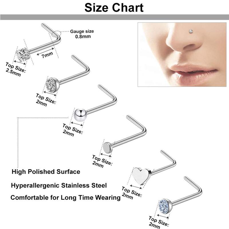 9 - 40 pieces of 20G nose rings for women and men. Hoops, L - shape studs with screw, hypoallergenic, surgical stainless steel, for nose piercings.