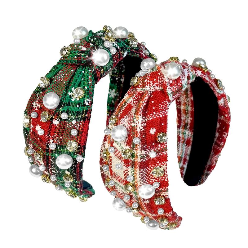 Christmas Headbands for Women Pearl Rhinestone Knot Headband Xmas Crystal Jeweled Hair Band Bow Wide Top Knotted Headband Christmas Hair Accessories Holiday Party Outfits(Snowflake Plaid)