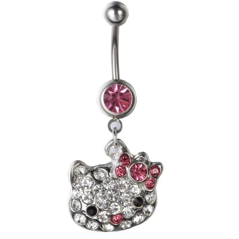 Pink Pendant Rhinestone Cat Belly Ring, 14 Gauge