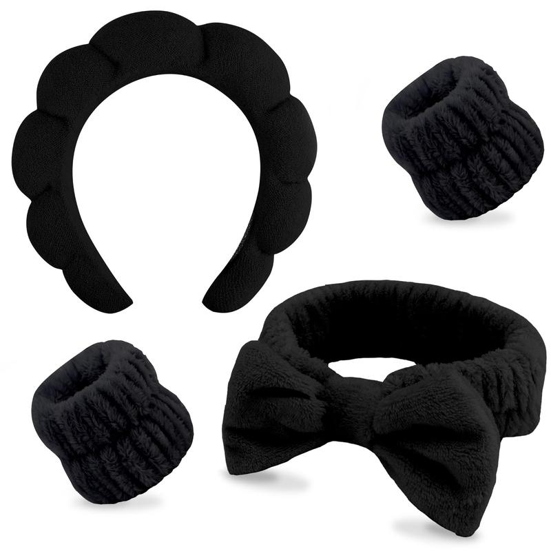 Hairband, 4 count  Headband for Washing  Makeup with Bow Tie, Black Microfiber Sponge & Wrist Bands, Women Girls Hair Accessories