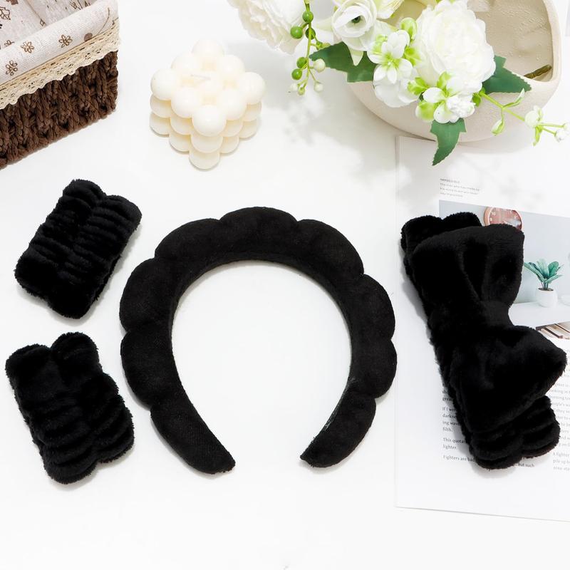 Hairband, 4 count  Headband for Washing  Makeup with Bow Tie, Black Microfiber Sponge & Wrist Bands, Women Girls Hair Accessories