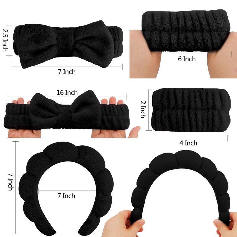 Hairband, 4 count  Headband for Washing  Makeup with Bow Tie, Black Microfiber Sponge & Wrist Bands, Women Girls Hair Accessories