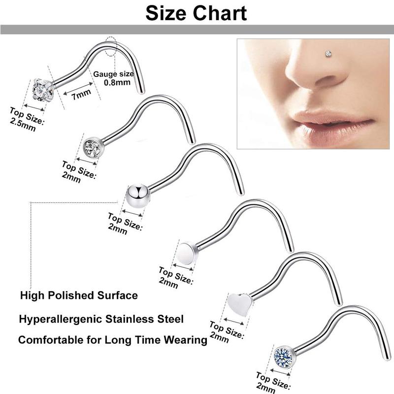 9 - 40 pieces of 20G nose rings for women and men. Hoops, L - shape studs with screw, hypoallergenic, surgical stainless steel, for nose piercings.