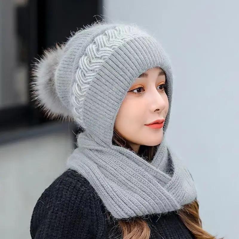 Women's scarf Fashion autumn winter hat ear muffs Snow bib one hat wool knit cover hat