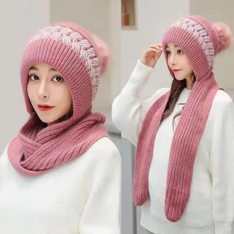 Women's scarf Fashion autumn winter hat ear muffs Snow bib one hat wool knit cover hat