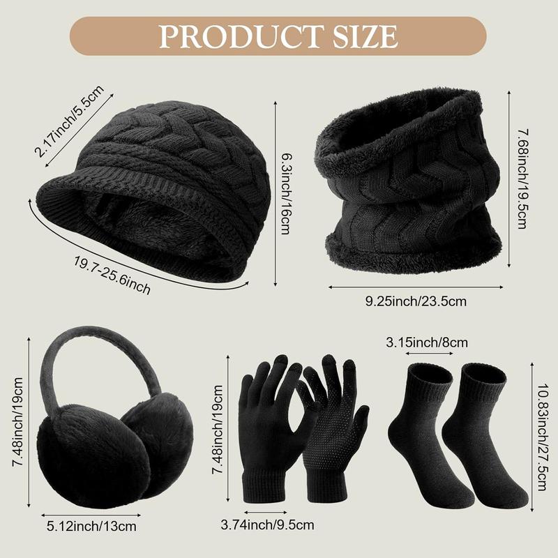 6 count Winter Hat Gloves Scarf Earmuffs Socks Set Knit Beanie Hat Neck Touch Screen Mittens Fleece for Women