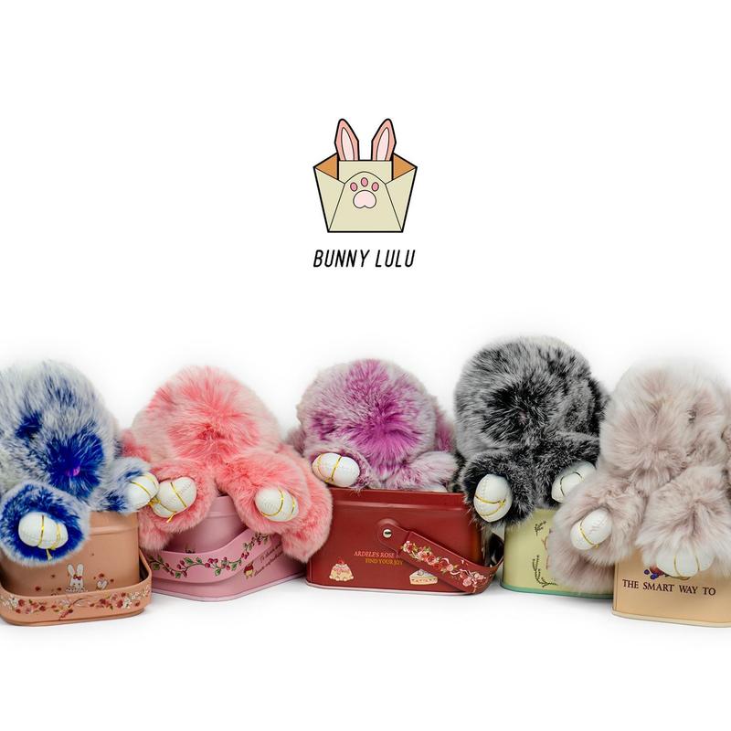 BUNNYLULU × Handmade Fluffy Bunny PomPom Keychain with Designed Tin Box, Gifts for Halloween Christmas Holiday