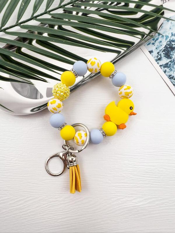 Cute Duck Decor Beaded Keychain, Tassel Decor Duck Pattern Wristlet Keychain, Fashion Accessories for Women & Men, Trendy All-match & Exquisite Keychain for Gift