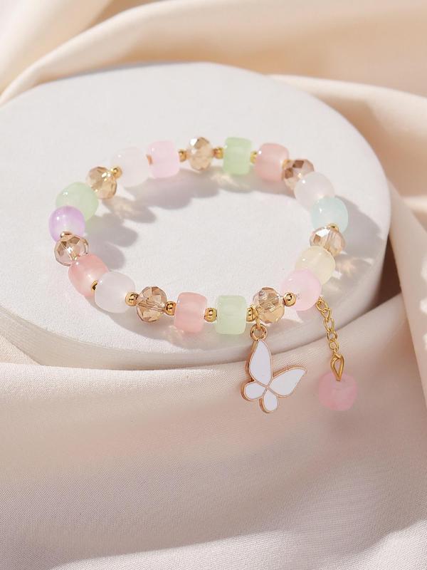 Fashion Oil Drip Butterfly Charm Beaded Bracelet,  Casual Summer Beach Vacation Accessories, Elegant All-match Jewelry for Women and Girls, Creative Holiday Birthday Gifts