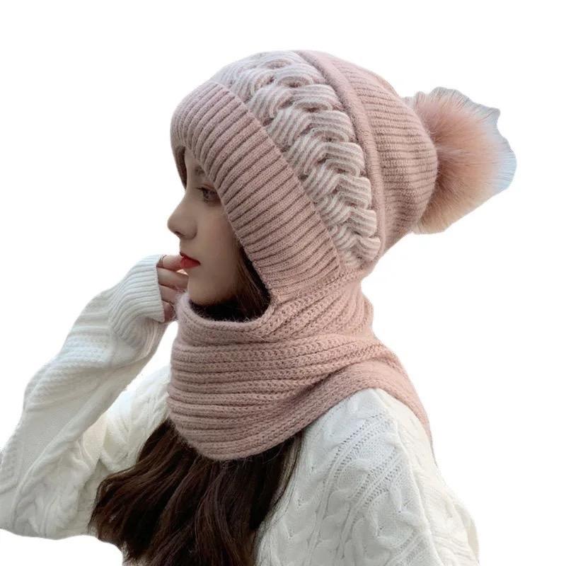 Women's scarf Fashion autumn winter hat ear muffs Snow bib one hat wool knit cover hat