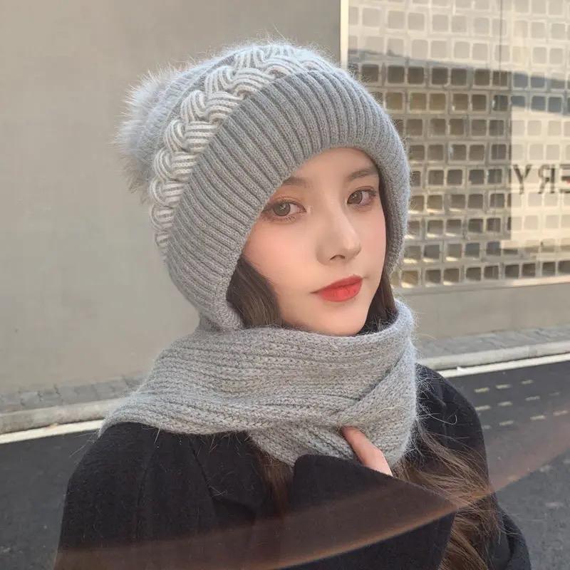 Women's scarf Fashion autumn winter hat ear muffs Snow bib one hat wool knit cover hat