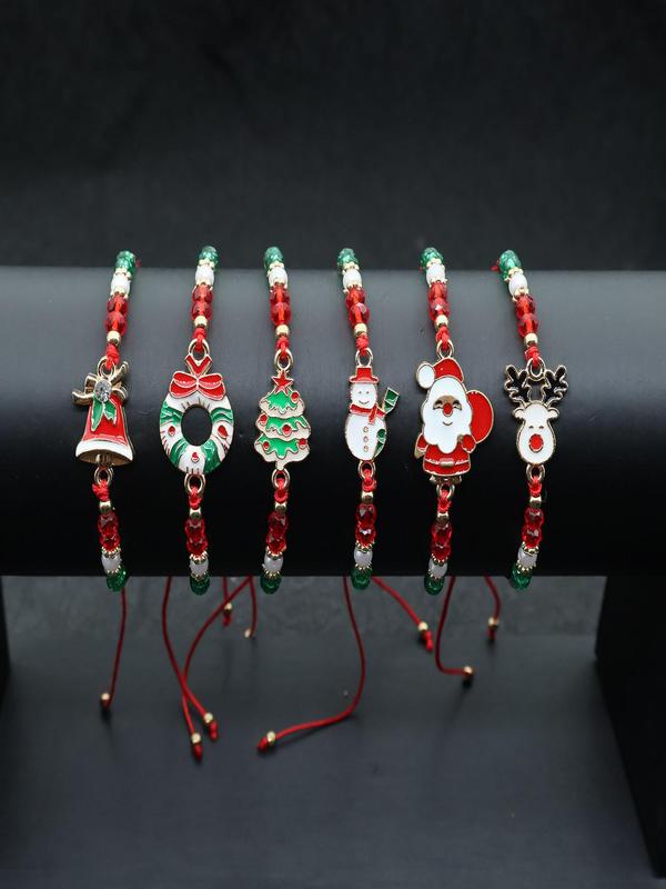 Christmas Themed Drawstring Bracelets, Cute Reindeer & Snowman & Christmas Tree Charm Bracelets, Fashionable Jewelry for Women & Men