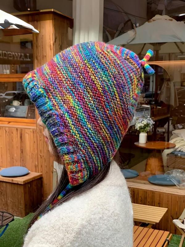 Colorblock Crochet Hat with Ear Cover, Boho Style Warm Hat with Ear Cover for Women, Country Hats, Fashion Accessories for Fall & Winter