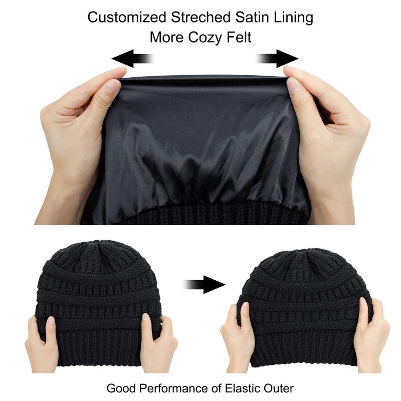 Satin Lined Beanie Hats for Women Slouchy Cable Knit Silk Skull Cap Knit Winter Warm Thick Chunky Hat