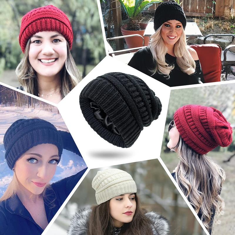 Satin Lined Beanie Hats for Women Slouchy Cable Knit Silk Skull Cap Knit Winter Warm Thick Chunky Hat