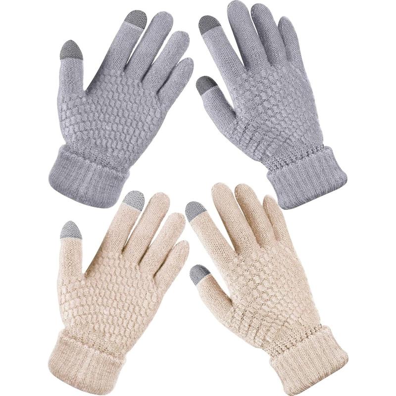 2 Pairs Women's Winter Touchscreen Gloves Warm Fleece Lined Knit Gloves Elastic Cuff Winter Texting Gloves