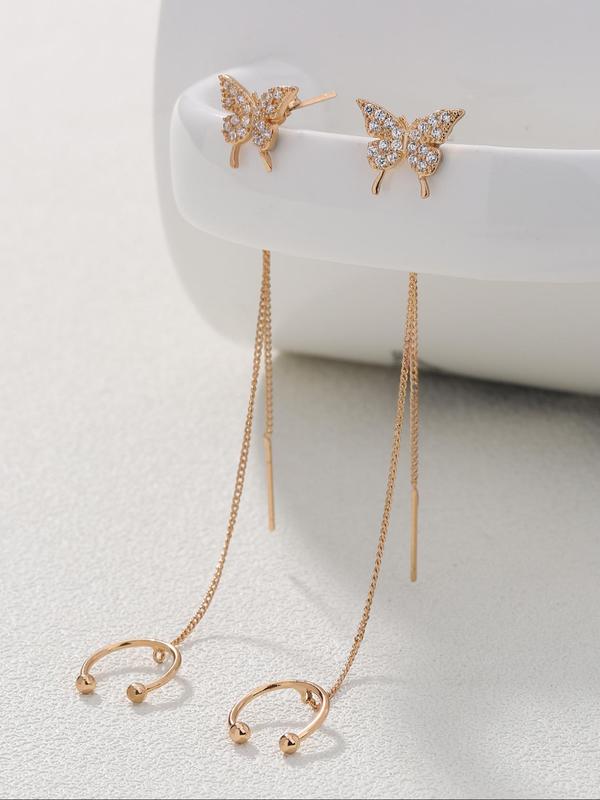 Women's Elegant Trendy Rhinestones Decorated Dangle Earrings with Butterfly Design, Cute Jewelry, Exquisite Tassel Decorated Dangle Earrings for Party & Daily, Classic Fashion Accessories for Daily Wear