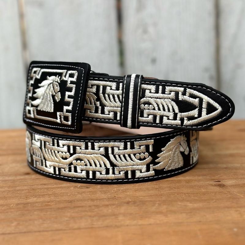 Black and White “Horse” Embroidered Belt with Rectangular Buckle - Western Belts for Men