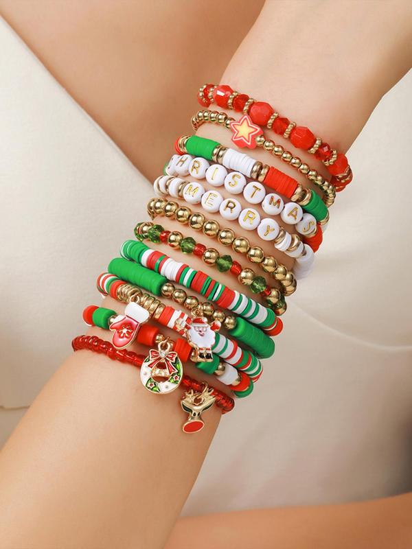 Christmas Themed Beaded Bracelet, Cute Christmas Elements Decor Beaded Bracelet, Fashion Accessories for Women & Girls, Trendy All-match & Exquisite Jewelry for Gift