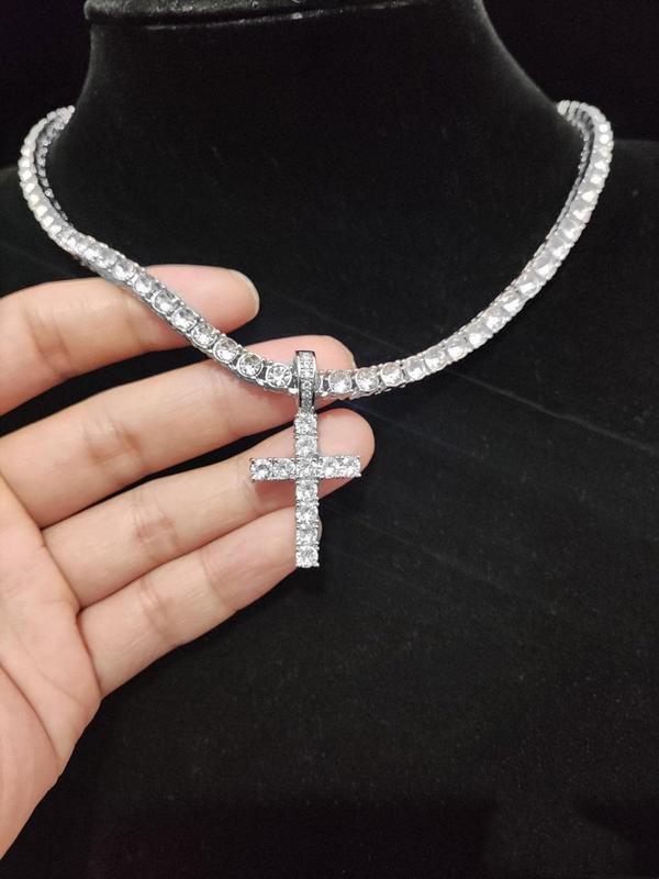 Y2k 2024 Hip Hop Luxury Rhinestone Cross Necklace, Unisex Cuban Link Chain Necklace, Spring Iced Out Jewelry, Streetwear Punk Accessories for Girlfriend Fall