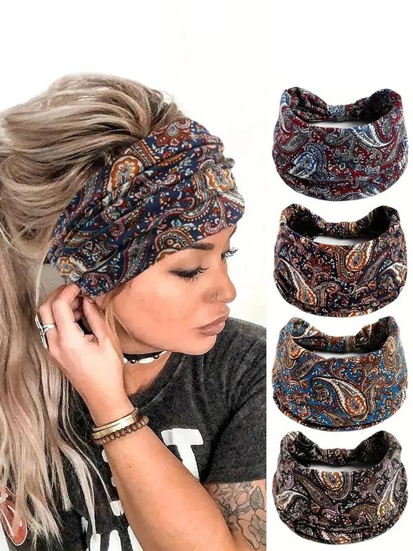 Ethnic Pattern Wide Band Hair Band (4pcs set), Sporty Hair Band for Women & Girls, Elastic Hair Band for Gym Workout Running