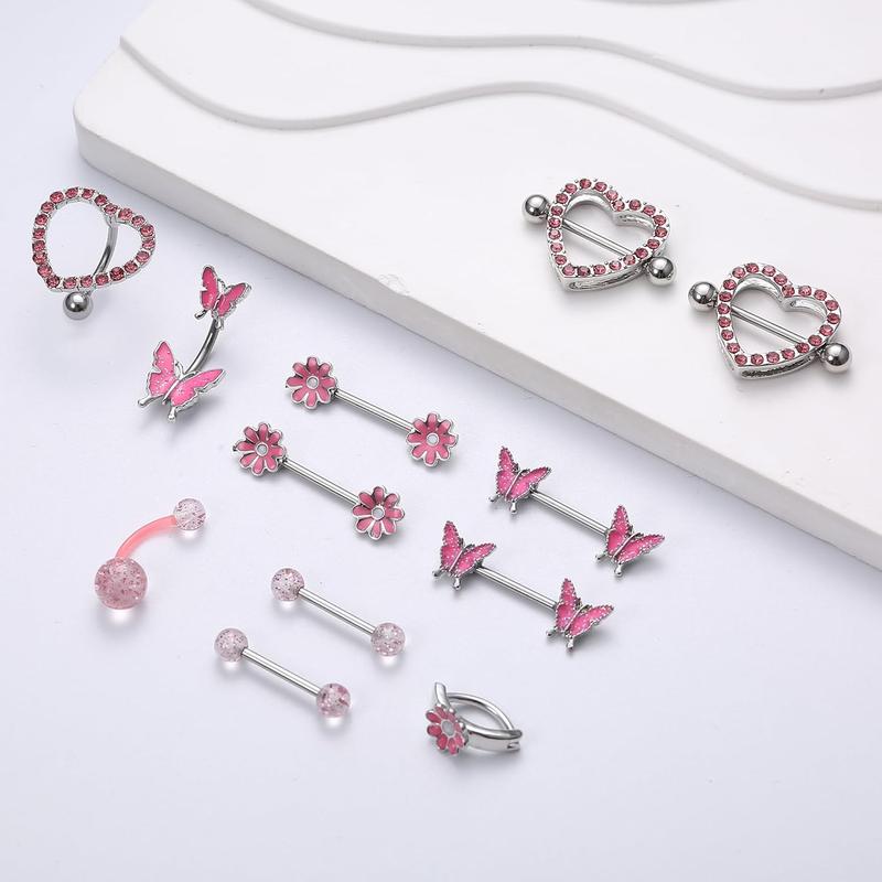 ORAZIO 14G Nipple Rings for Women Surgical Steel Belly Button Ring Butterfly Daisy Flower Nipple Barbells CZ Heart Curved Navel Rings 12 PCS Nipple Piercings Jewelry Set