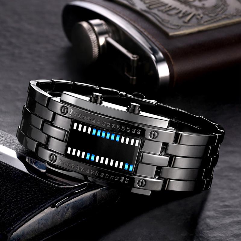 SMelody Fashion Mens Binary Sports Watch Digital LED Matrix Waterproof Outdoor Casual Black Bracelet Square Blue Backlit Watches