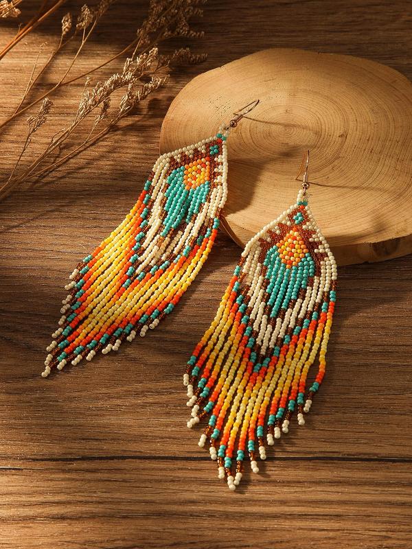 Women's Boho Style Beaded & Tassel Design Dangle Earrings, 1 Pair Fashion Retro Dangle Earrings for Party, Daily Decor, Trendy All-match Vintage Jewelry As Birthday Gift for Women & Girls