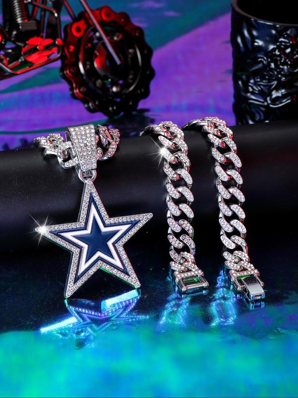 Ice Out Bling Rhinestone Hip Hop Star Charm Pendant Necklace, Durable Adjustable Cuban Chain Necklace, Perfect Gift for Eid, Fall Festival, Birthday, Anniversary, for Fall