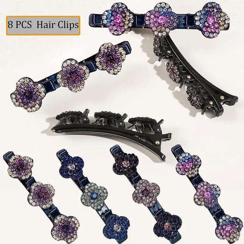 Rhinestone Decorated Hair Clips (8 Counts set), Fashionable Hair Accessories For Women & Girls, Heatless Styling Tools For Daily Use