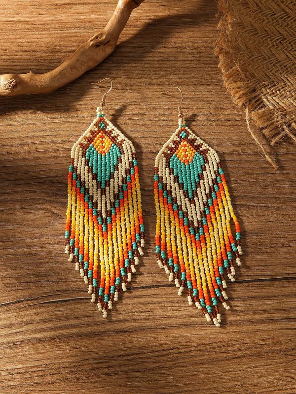 Women's Boho Style Beaded & Tassel Design Dangle Earrings, 1 Pair Fashion Retro Dangle Earrings for Party, Daily Decor, Trendy All-match Vintage Jewelry As Birthday Gift for Women & Girls