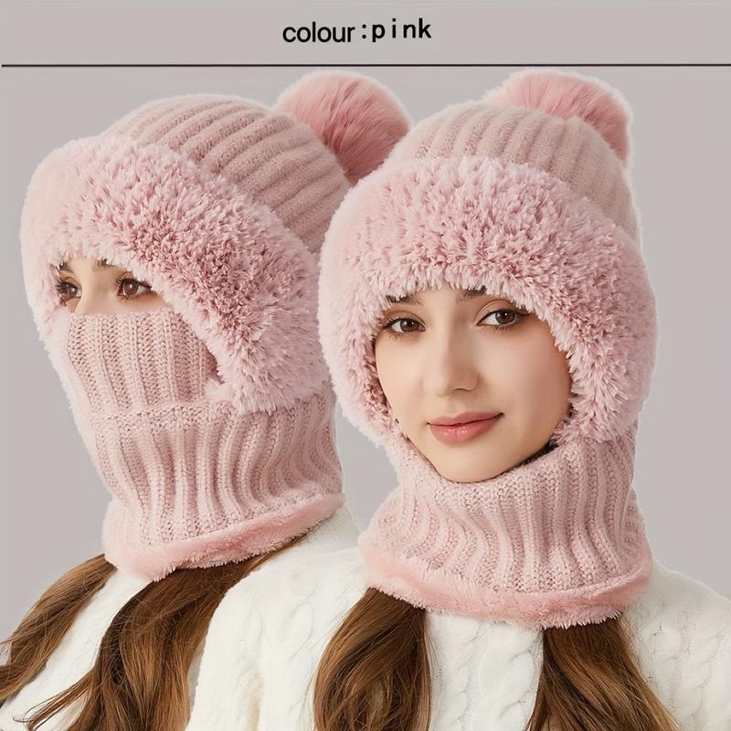 Winter Fleece Lined Knitted Hat with Ear Covers 3 in 1 Winter Hat Scarf Mask Set Windproof Warm Hooded Neck Warmer for Outdoor Cycling