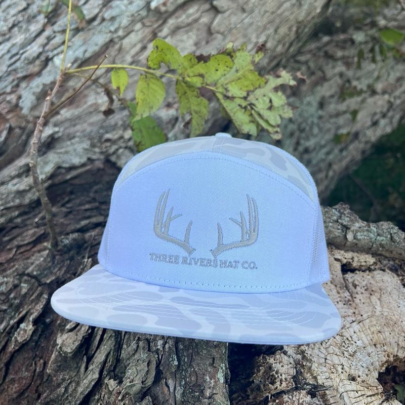 Classic Whitetail Rack-Old’s Cool Sneaux - Flatbill 7 panel Snapback - White with Silver Embroidery