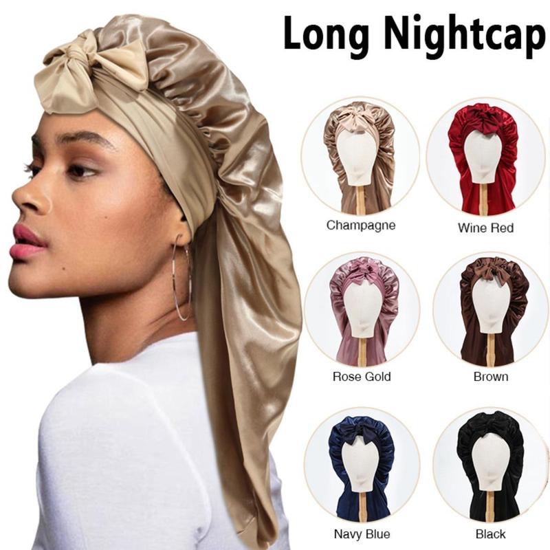 AWAYTR Double Layered Elastic Long Sleeping Cap for Women Solid Color Nightcap Satin Hat Tie Band Hair Care Chemical Cap